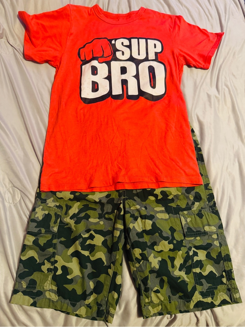 The Children's Place Neon Orange Graphic Tee with Green Camo Cargo Shorts